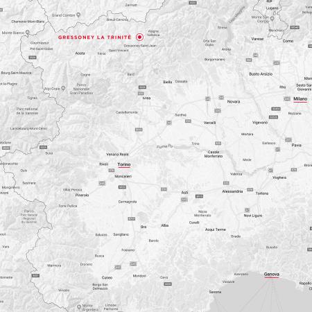 Mappa del nord-ovest Italia con evidenziate Gressoney La Trinité, Torino, Milano e Genova.