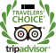 Logo di TripAdvisor con scritta 'Travelers' Choice' e una corona di foglie verdi.